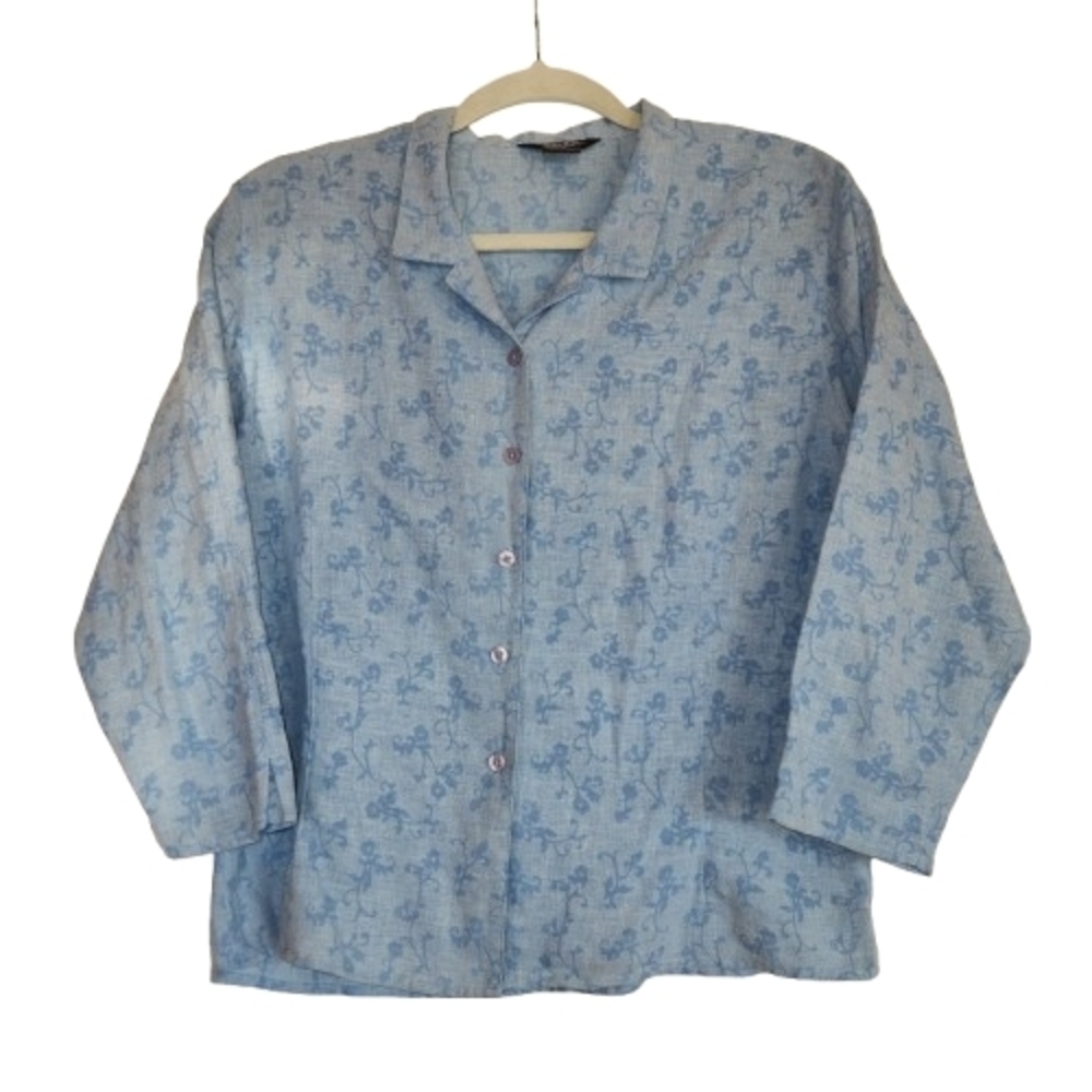 Woolrich Linen Blend Long Sleeve Blouse Bluebell Size M Floral/Scroll Print Airy